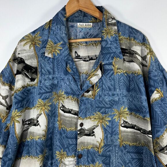 Matt Rider Laguna Beach Shirt XXL Blue WW ll Airplanes Palm Trees Aloha Hawaiian - Picture 3 of 6